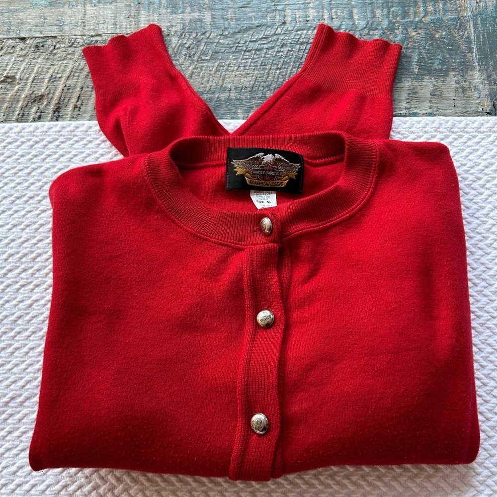 Harley-Davidson Silver Button Red Sweater Harley-Davidson on back Women M